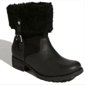 UGG Black Bellevue 1914 Leather Shearling Zip Fold Over Moto Boots Sz 8.5